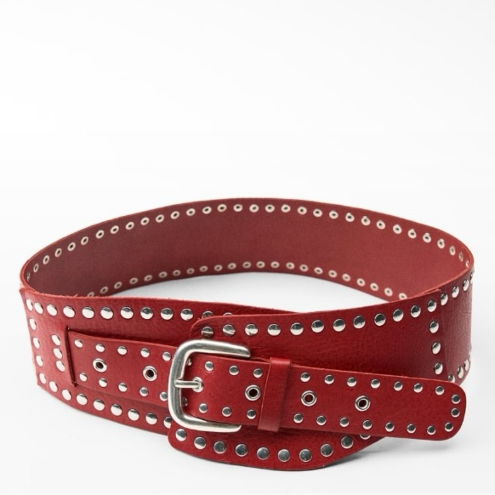ZARA DISTRESSED EFFECT STUDDED RED BELT.